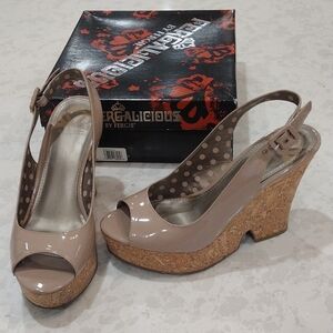 Fergalicious By Fergie. Beige and Cork Platform Wedges. Size 8M